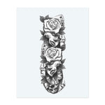 This dramatic tattoo combines classic theater masks with blooming roses, a broken clock, and subtle skull motifs. It captures the passage of time, the duality of joy and sadness, and the beauty that remains even in life's darkest moments.