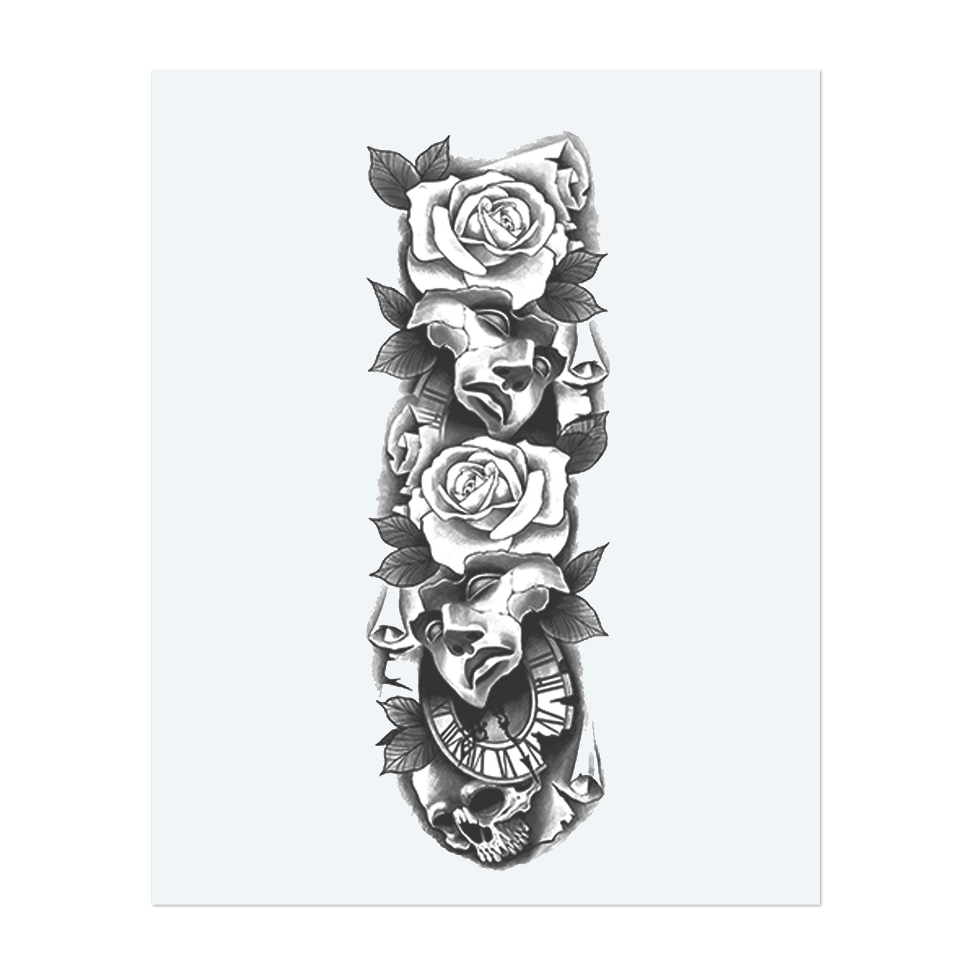 This dramatic tattoo combines classic theater masks with blooming roses, a broken clock, and subtle skull motifs. It captures the passage of time, the duality of joy and sadness, and the beauty that remains even in life's darkest moments.