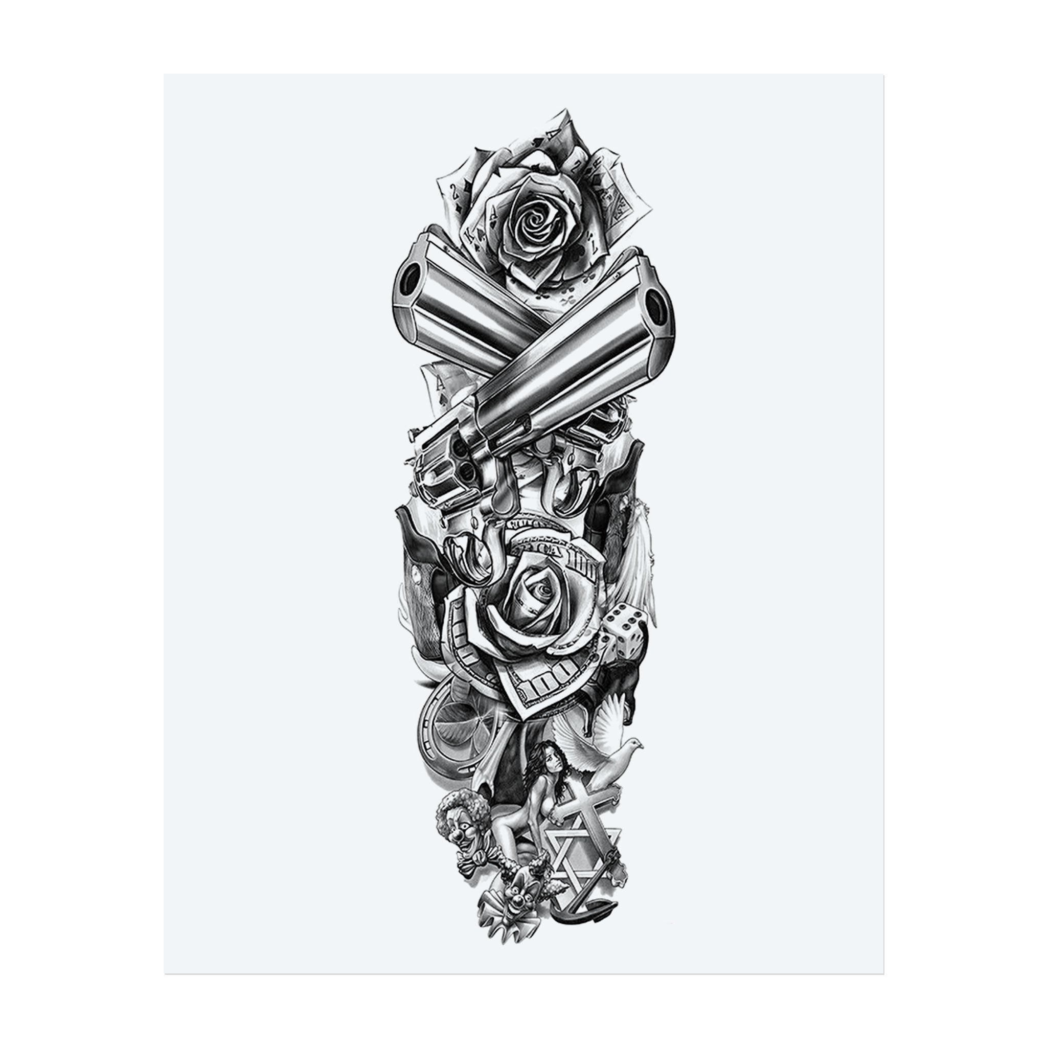 Two revolvers crown this intense tattoo, surrounded by roses, dice, cards, and sensual figures. Combining themes of danger, beauty, and destiny, the design captures the essence of a high-stakes life and the seductive allure of chance and power.