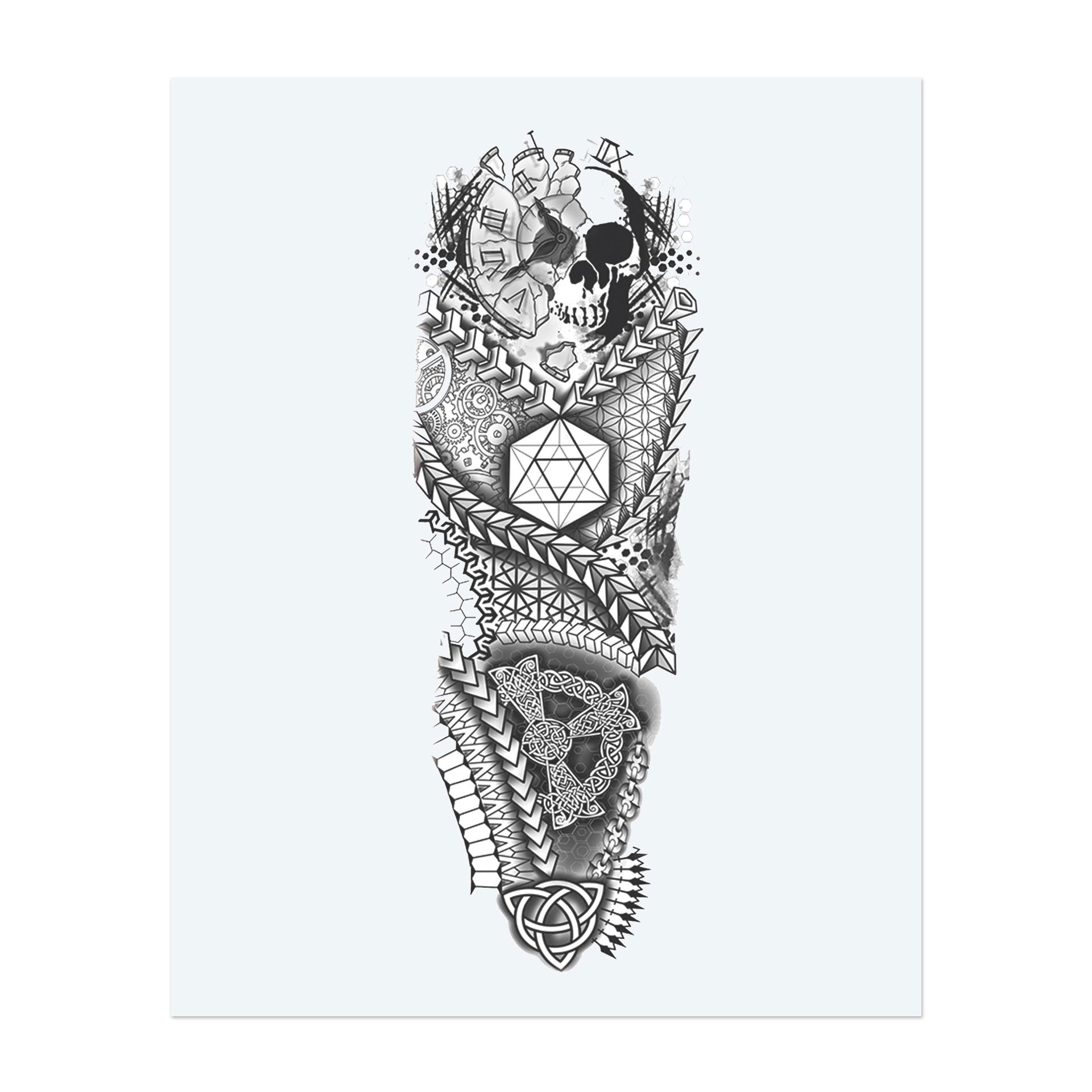 A shattered skull appears amidst shattered clock faces and intricate geometric patterns that morph into Celtic knots and fractal motifs. Combining mortality, time, and sacred geometry, this tattoo is a multifaceted tribute to the fragile, textured beauty of life.
