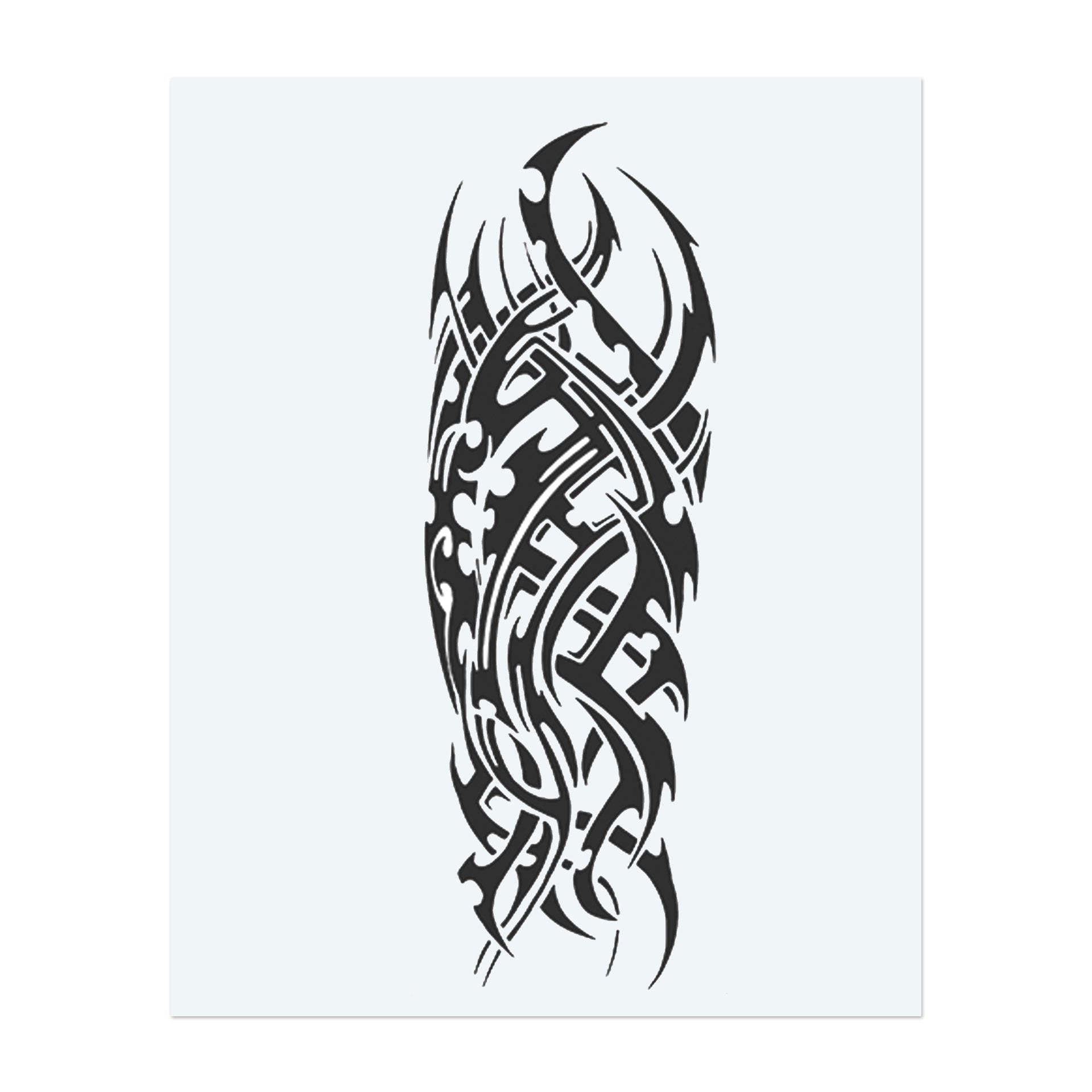 This striking tribal tattoo design combines sharp, flame-like curves and interlocking black shapes to create a fluid, abstract pattern. It awakens primordial energy and power and symbolizes resilience, instinct, and an untamed spirit in an elegant and powerful composition.