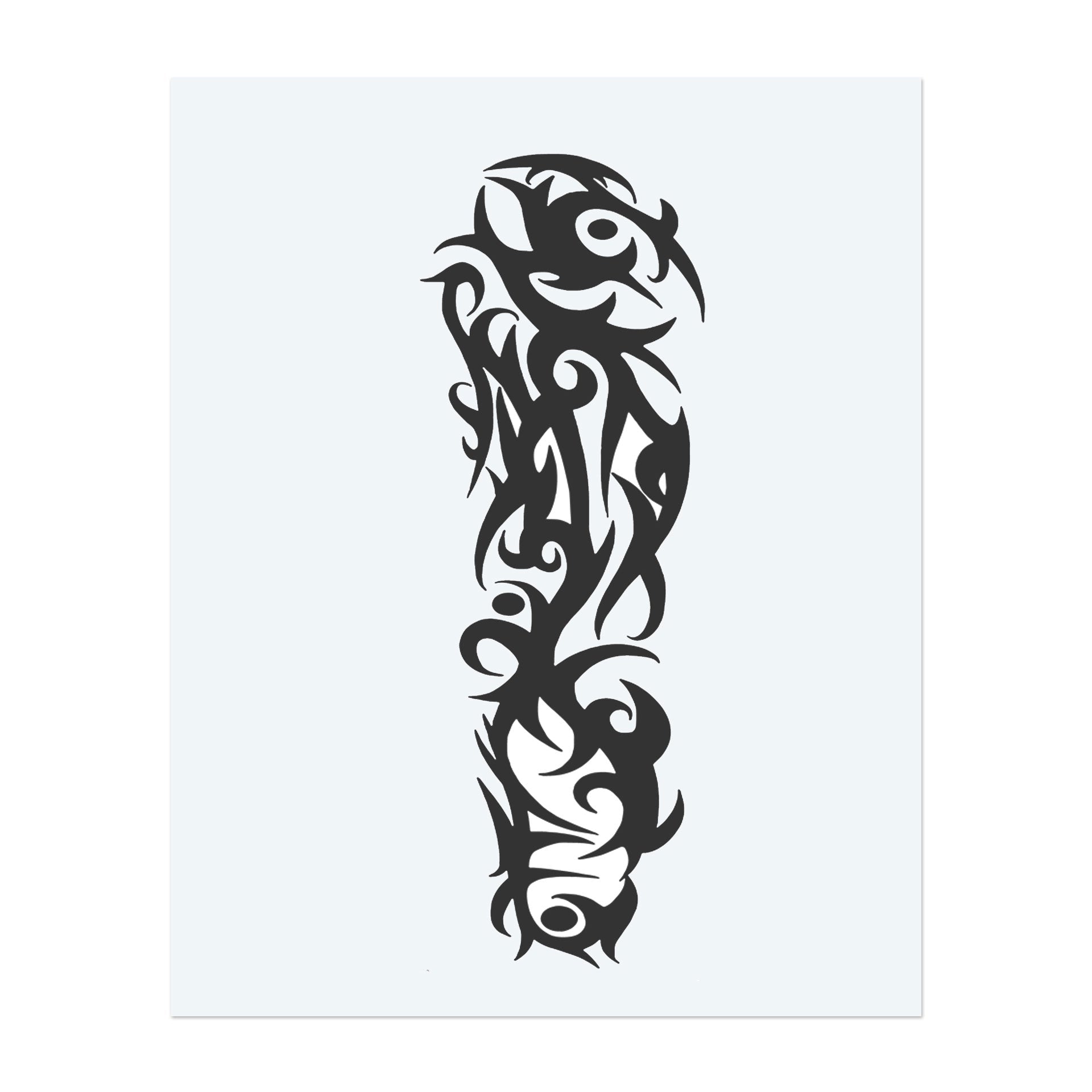 This elegant tribal tattoo design features swirling, flame-like patterns and bold curves that create a dynamic, flowing motif. Its symmetry and intensity represent strength, primal instincts, and the timeless rhythm of movement and energy.