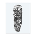 A majestic lion and a wise wolf characterize this design, framed by a broken clock with Roman numerals. Below them, wolves roam a moonlit forest. This tattoo symbolizes strength, instinct, and the inexorable passage of time through the hierarchy of nature.