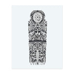 This striking black tattoo features a vertically oriented Norse totem motif with a Viking warrior's head in the center, crowned by a Vegvisir compass symbol and flanked by geometric tribal motifs. Below, symmetrical wolves gaze toward a central sword, framed by runic inscriptions. The style combines Norse mythology with ornamental tribal aesthetics.