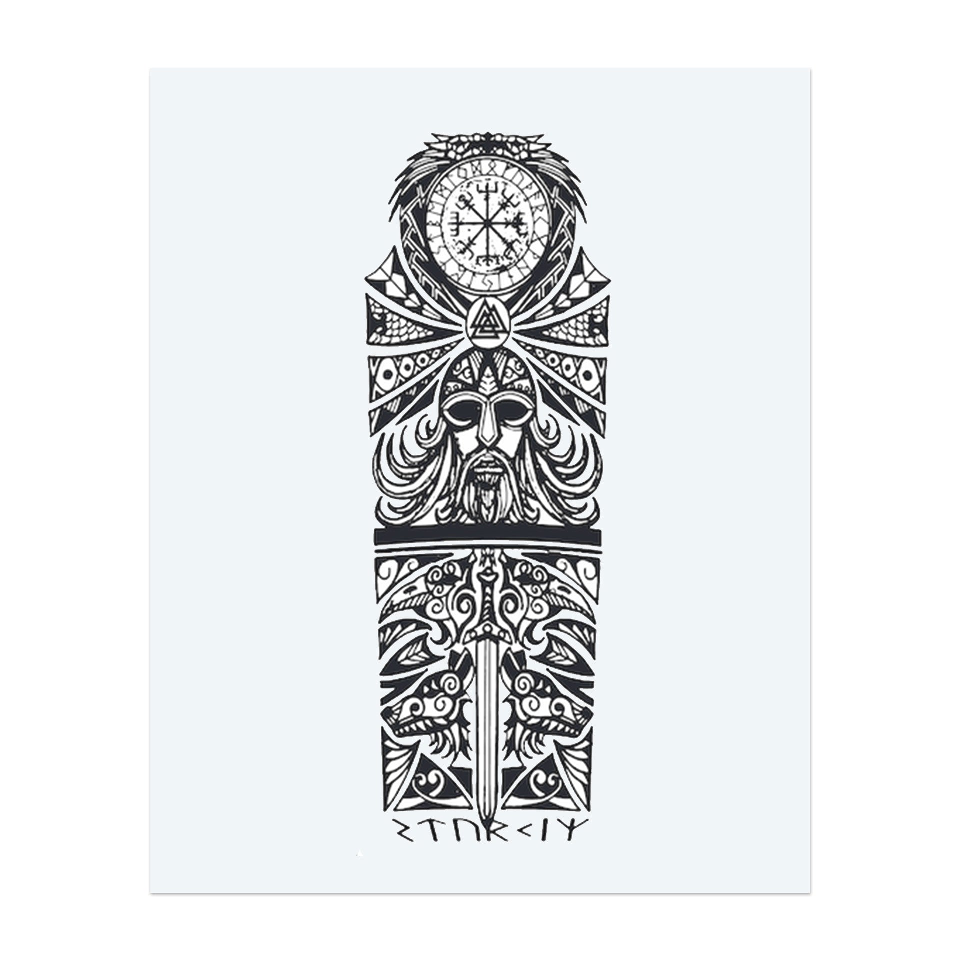 This striking black tattoo features a vertically oriented Norse totem motif with a Viking warrior's head in the center, crowned by a Vegvisir compass symbol and flanked by geometric tribal motifs. Below, symmetrical wolves gaze toward a central sword, framed by runic inscriptions. The style combines Norse mythology with ornamental tribal aesthetics.