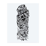 A sinister skull grins beneath a rose-adorned top hat, surrounded by swirling flames, roses, and a mesh corner. Combining gothic charm with a vintage touch, this temporary tattoo symbolizes beauty, mortality, and the art of elegant defiance.