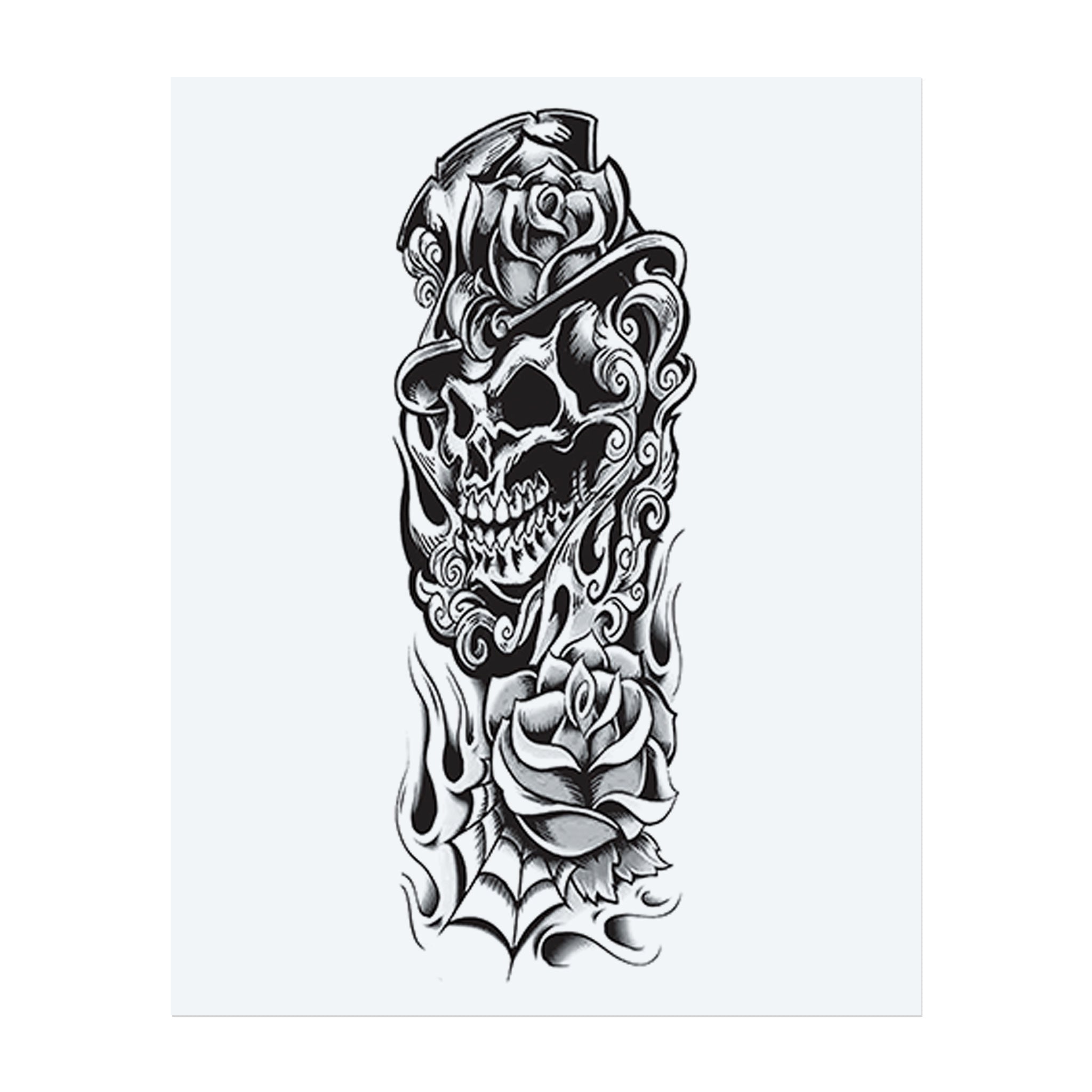 A sinister skull grins beneath a rose-adorned top hat, surrounded by swirling flames, roses, and a mesh corner. Combining gothic charm with a vintage touch, this temporary tattoo symbolizes beauty, mortality, and the art of elegant defiance.