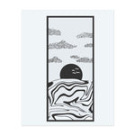 This temporary tattoo, framed in a minimalist rectangle, captures a tranquil sunset with swirling abstract waves, dotted clouds, and birds silhouetted against the setting sun. A harmonious blend of peace and movement that evokes quiet contemplation and dreamy silence.
