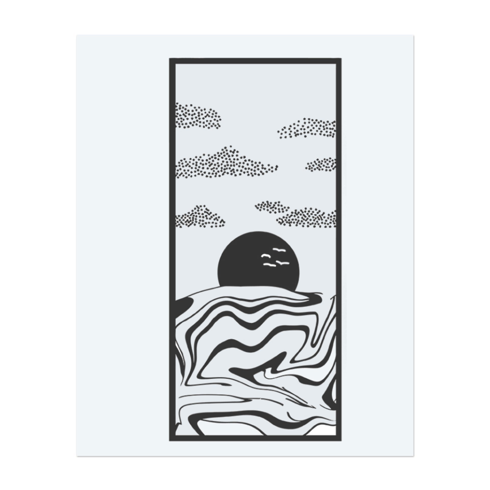 This temporary tattoo, framed in a minimalist rectangle, captures a tranquil sunset with swirling abstract waves, dotted clouds, and birds silhouetted against the setting sun. A harmonious blend of peace and movement that evokes quiet contemplation and dreamy silence.