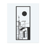 This temporary tattoo in a transparent rectangular frame depicts a city rooftop with antennas under a blazing black sun. The minimalist lines and tangle of cables create a calm and contemplative atmosphere—solitude meets the geometry of urban life.