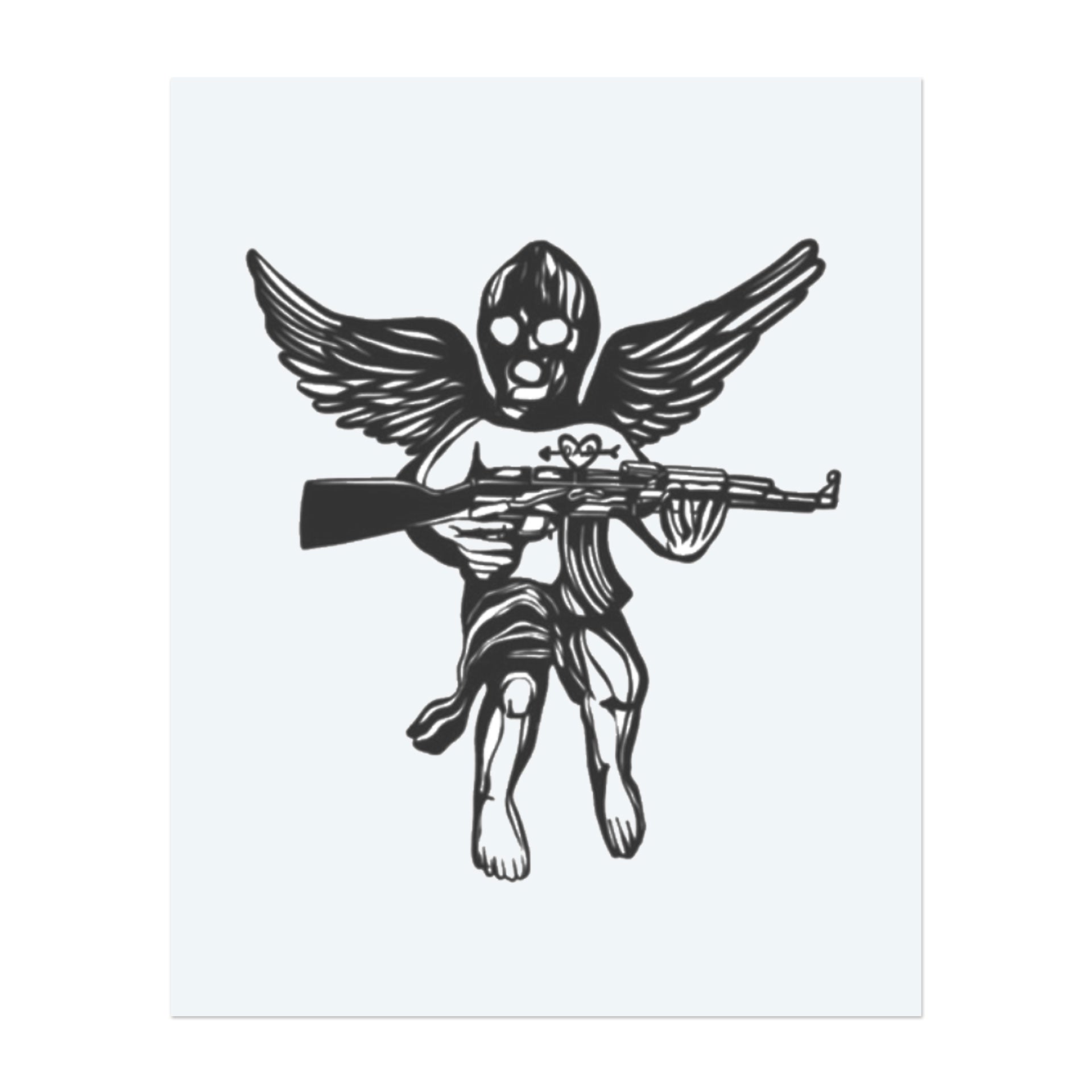 This design is an intense combination of innocence and war. It depicts a winged angel with a mask and a rifle. The stark contrast between the divine figure and the weapons creates a bold and provocative symbol of rebellion and conflict.
