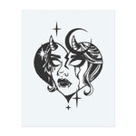 A haunting vampire face framed by a heart, adorned with crescent moons, stars, and devilish horns. This temporary tattoo combines gothic beauty with celestial mystery, capturing the allure of darkness, power, and ethereal seduction.