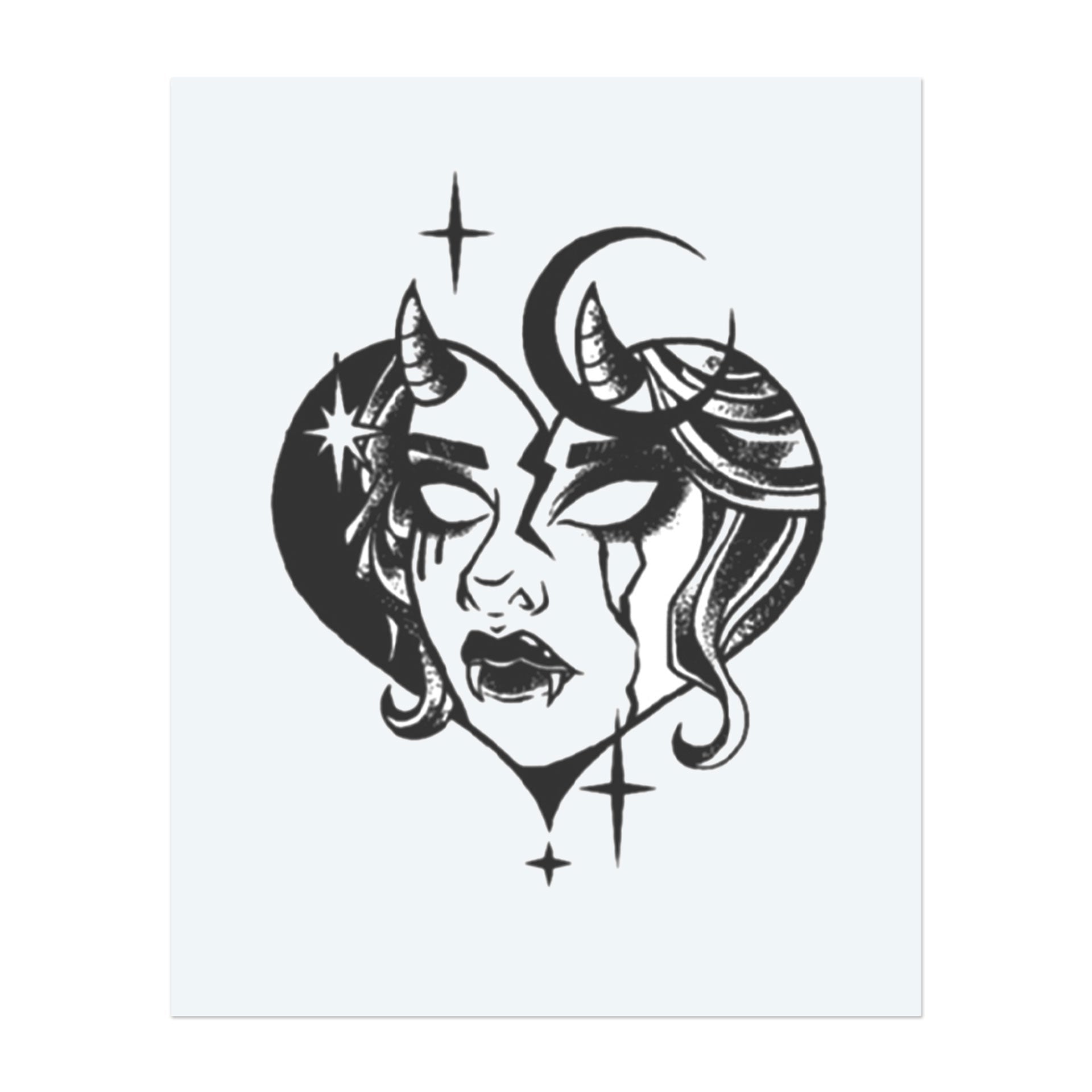 A haunting vampire face framed by a heart, adorned with crescent moons, stars, and devilish horns. This temporary tattoo combines gothic beauty with celestial mystery, capturing the allure of darkness, power, and ethereal seduction.