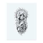 A haunting figure, wrapped in a shroud and surrounded by a crown of thorns, stares ahead with bloody eyes. Her skeletal body, coiled around a snake, lends the whole a strange blend of beauty, decadence, and dark mysticism.