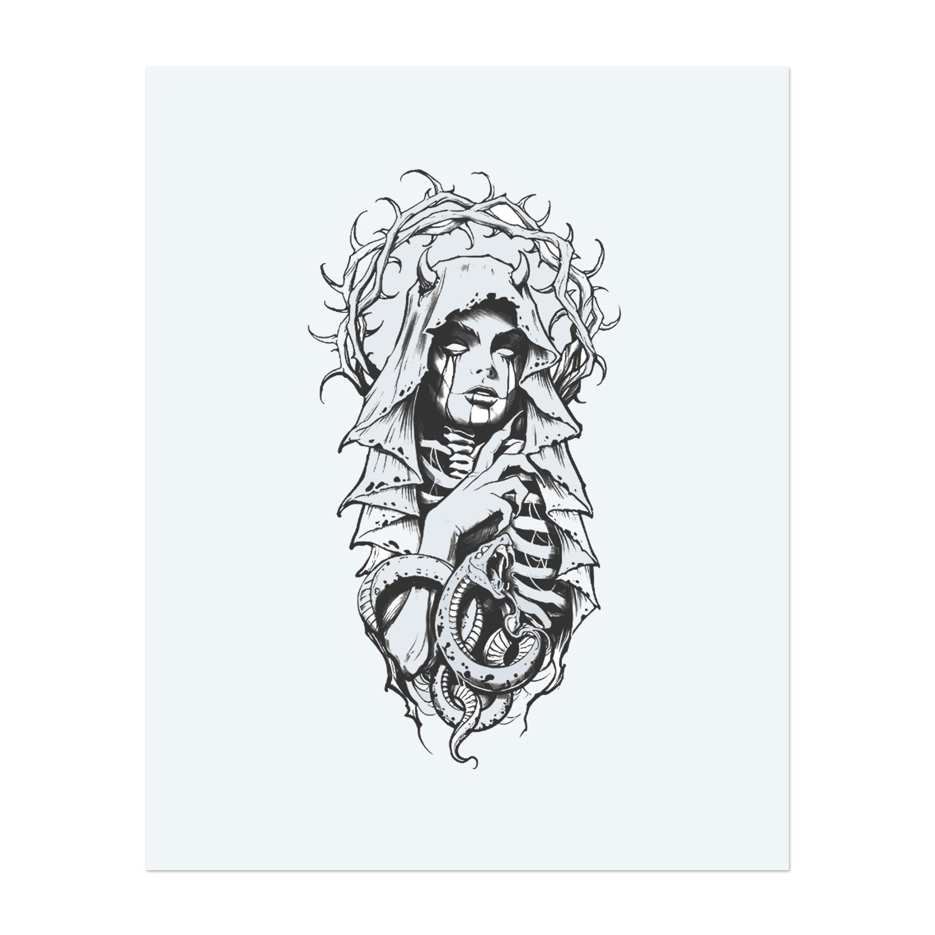 A haunting figure, wrapped in a shroud and surrounded by a crown of thorns, stares ahead with bloody eyes. Her skeletal body, coiled around a snake, lends the whole a strange blend of beauty, decadence, and dark mysticism.