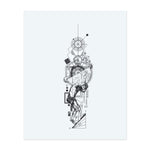 A muscular figure pushes upwards a textured sphere, surrounded by complex geometric shapes, mathematical symbols, and abstract elements. This temporary tattoo combines classical anatomy with scientific precision and symbolizes the struggle for knowledge, order, and human endurance.