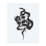 A sinister black snake coils around a molten skull, combining death and danger in one striking image. The dripping decay and serpentine curves create a dark, gothic aesthetic full of ominous symbolism and raw intensity.