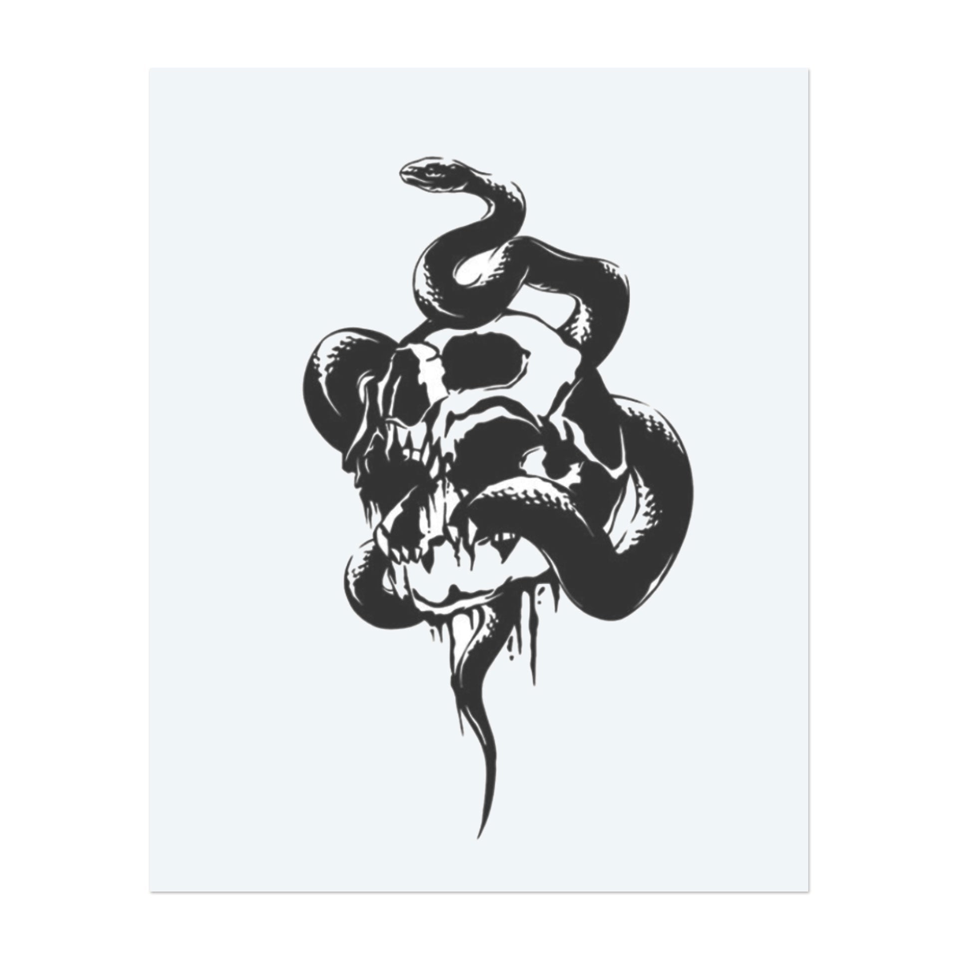 A sinister black snake coils around a molten skull, combining death and danger in one striking image. The dripping decay and serpentine curves create a dark, gothic aesthetic full of ominous symbolism and raw intensity.