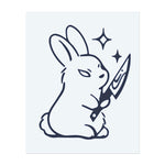 Ein Kaninchen, das ein Messer hält, umgeben von Sternen. Es symbolisiert unerwartete Gefahr, eine verspielte Wendung der Gewalt oder ein Symbol der Dualität.